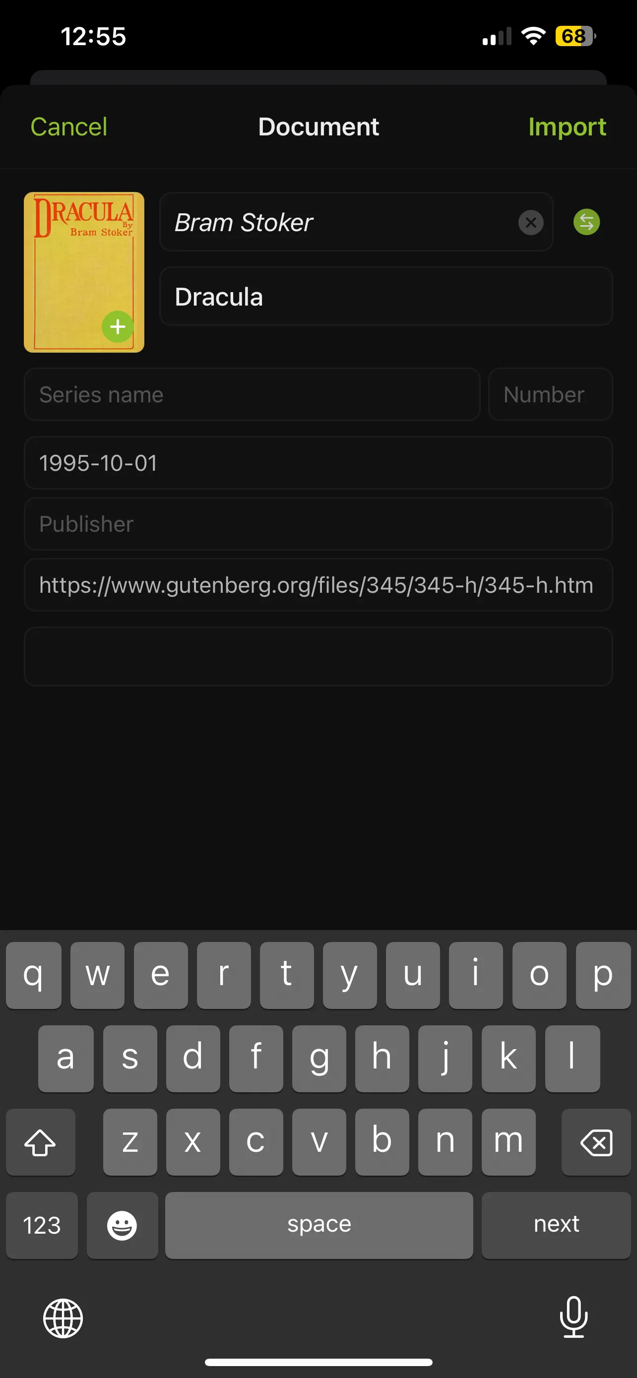 Hướng dẫn nhập sách Dracula từ Project Gutenberg vào Yomu Ebook Reader