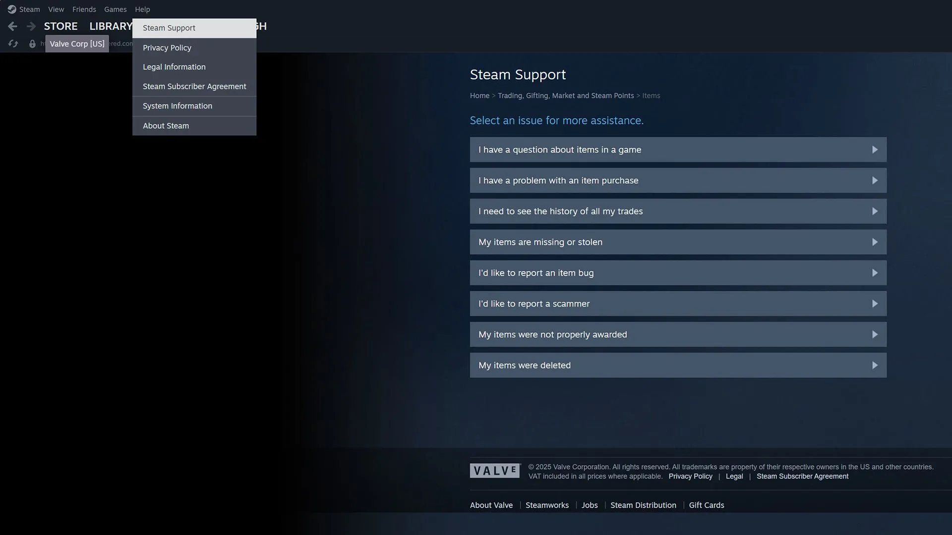 Hướng dẫn truy cập Hỗ trợ Steam để báo cáo giao dịch trên Thị trường Cộng đồng