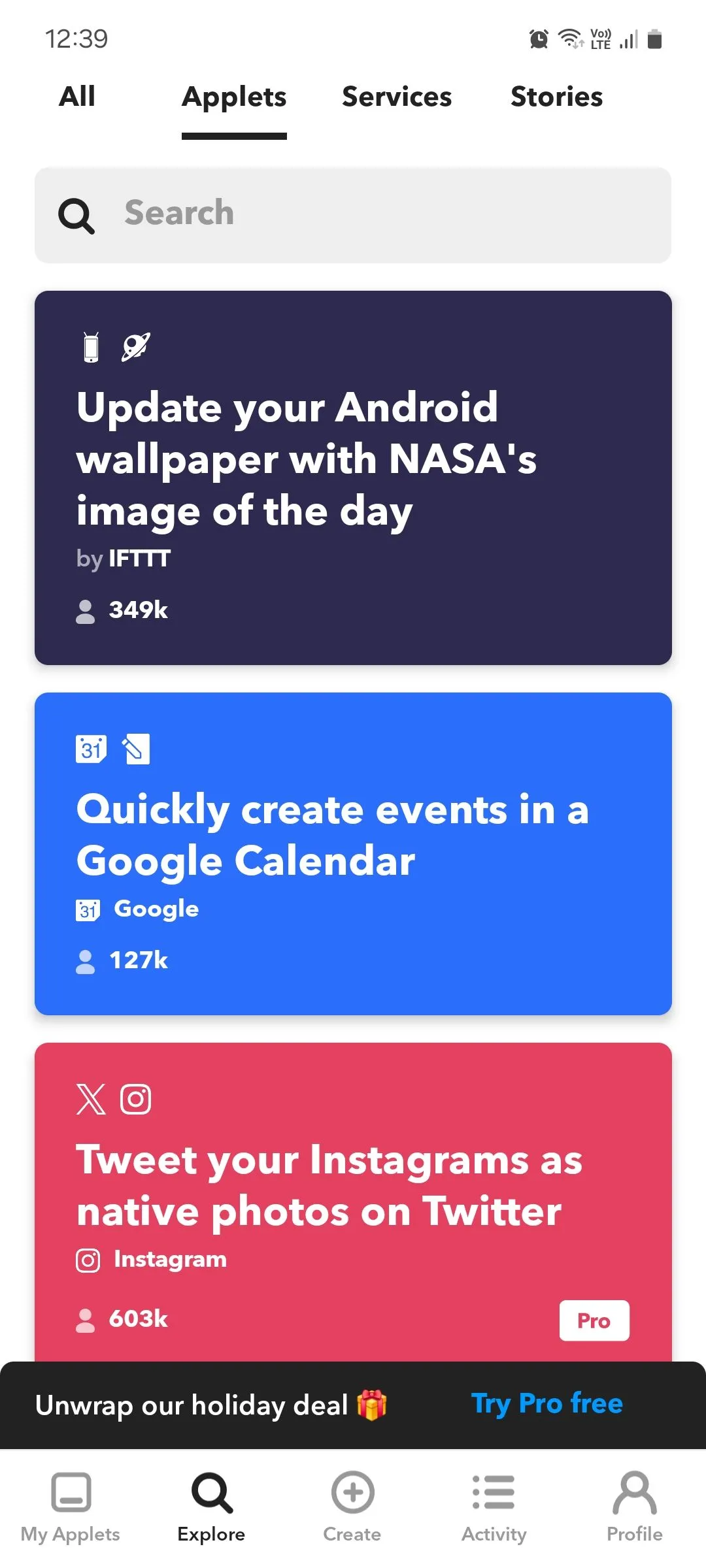 IFTTT đề xuất các applet tự động hóa phổ biến dựa trên ứng dụng và dịch vụ bạn kết nối