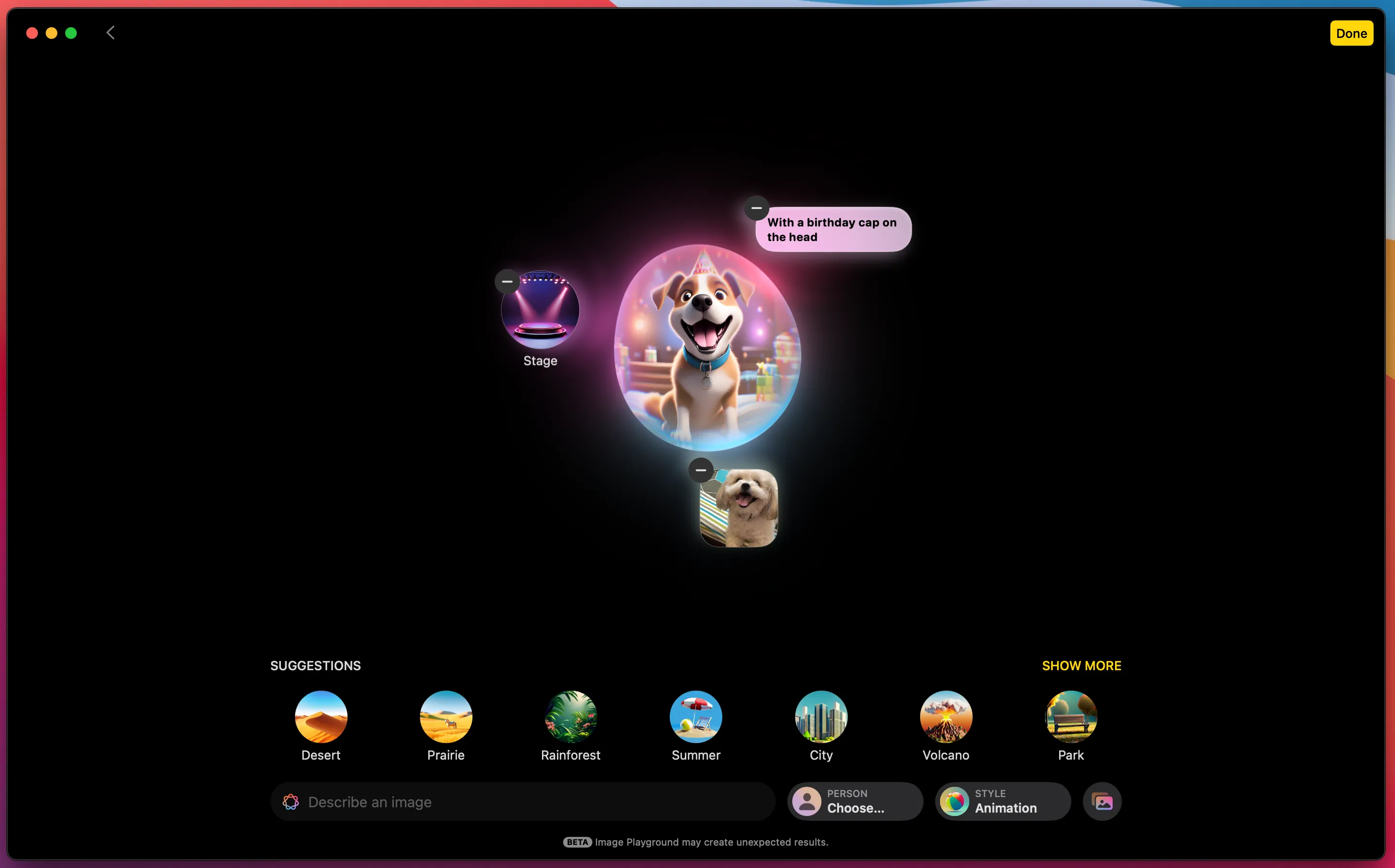 Image Playground của Apple Intelligence tạo hình ảnh AI một chú chó dựa trên mô tả văn bản.