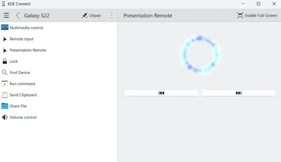 KDE Connect trên Windows với tính năng điều khiển thuyết trình, hiển thị con trỏ laser ảo trên màn hình.