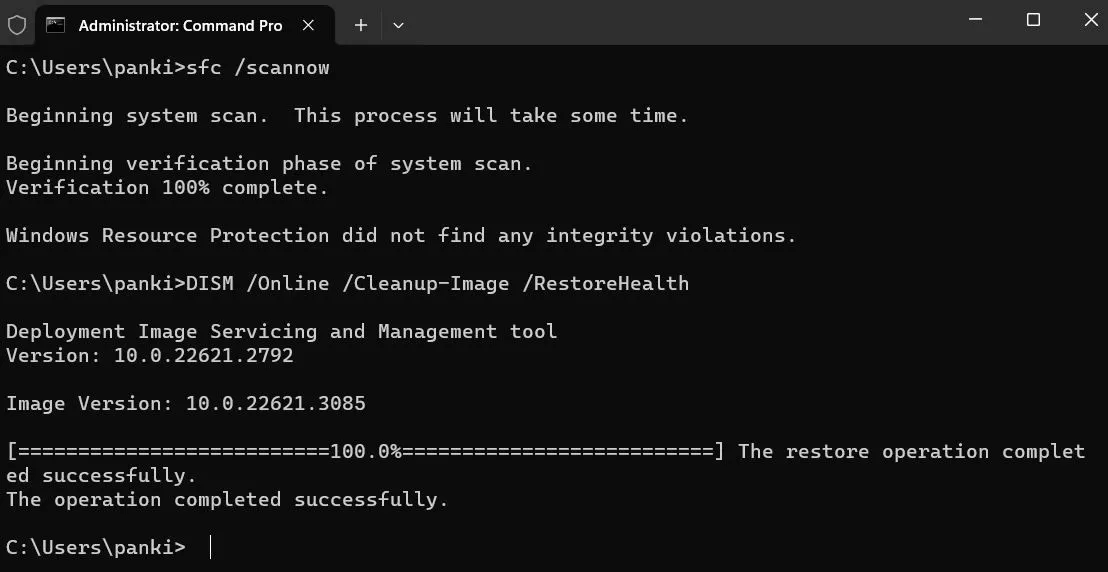 Kết quả chạy lệnh SFC scannow và DISM để sửa lỗi file hệ thống Windows