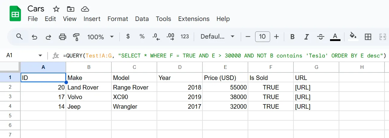 Kết quả của hàm QUERY được đặt trên một trang tính Google Sheets trống, thực hiện nhiều điều kiện lọc và sắp xếp.