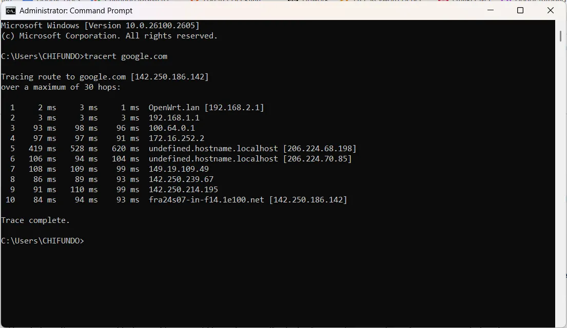 Kết quả của lệnh tracert sau khi được chạy trên Google trong Command Prompt
