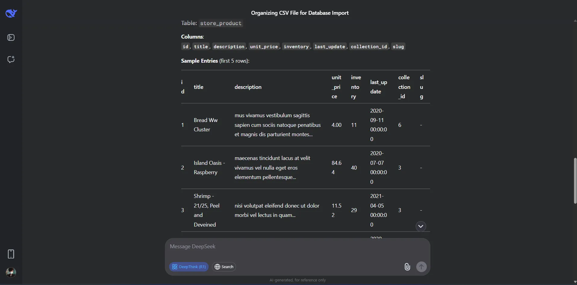 Kết quả DeepSeek xử lý dữ liệu có cấu trúc từ cơ sở dữ liệu bị lỗi, trình bày dưới dạng bảng biểu rõ ràng và chính xác.