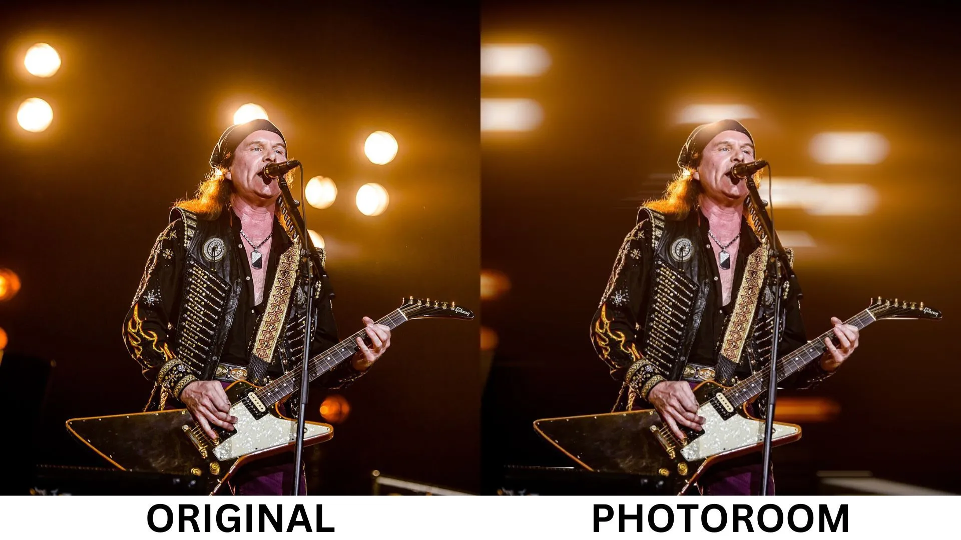Kết quả hiệu ứng motion blur từ Photoroom trên ảnh buổi biểu diễn nhạc rock, với phần nền được làm mờ bokeh và chủ thể sắc nét