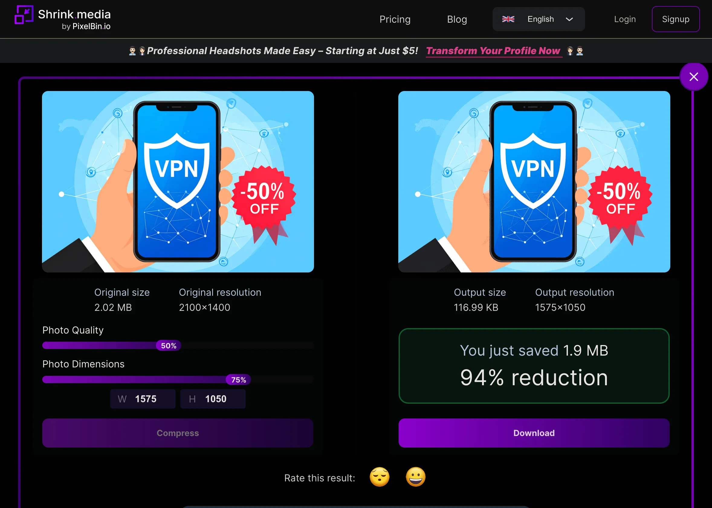Kết quả nén ảnh trên công cụ Shrink.media