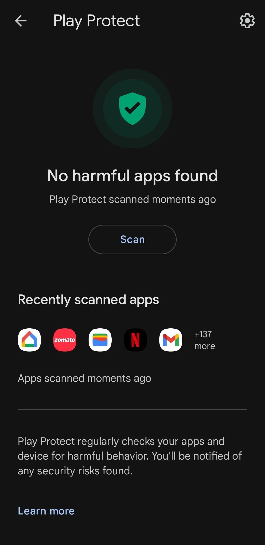 Kết quả quét của Google Play Protect trên điện thoại Android, cho thấy ứng dụng được kiểm tra an toàn và bảo vệ thiết bị