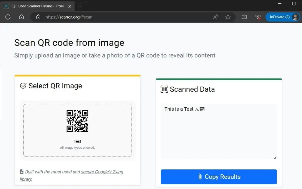 Kết quả quét mã QR từ hình ảnh bằng công cụ trực tuyến ScanQR hiển thị dữ liệu đã giải mã