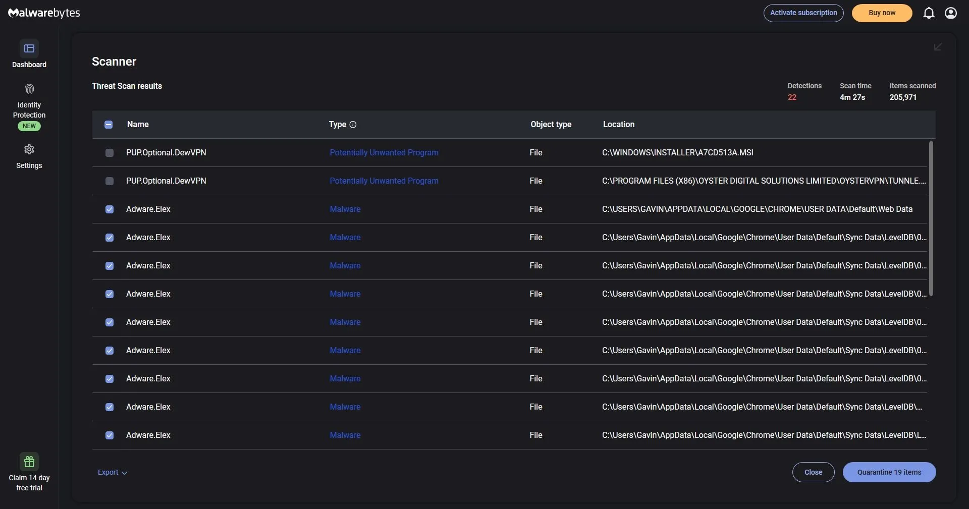 Kết quả quét Malwarebytes phát hiện Adware.Elex trên máy tính