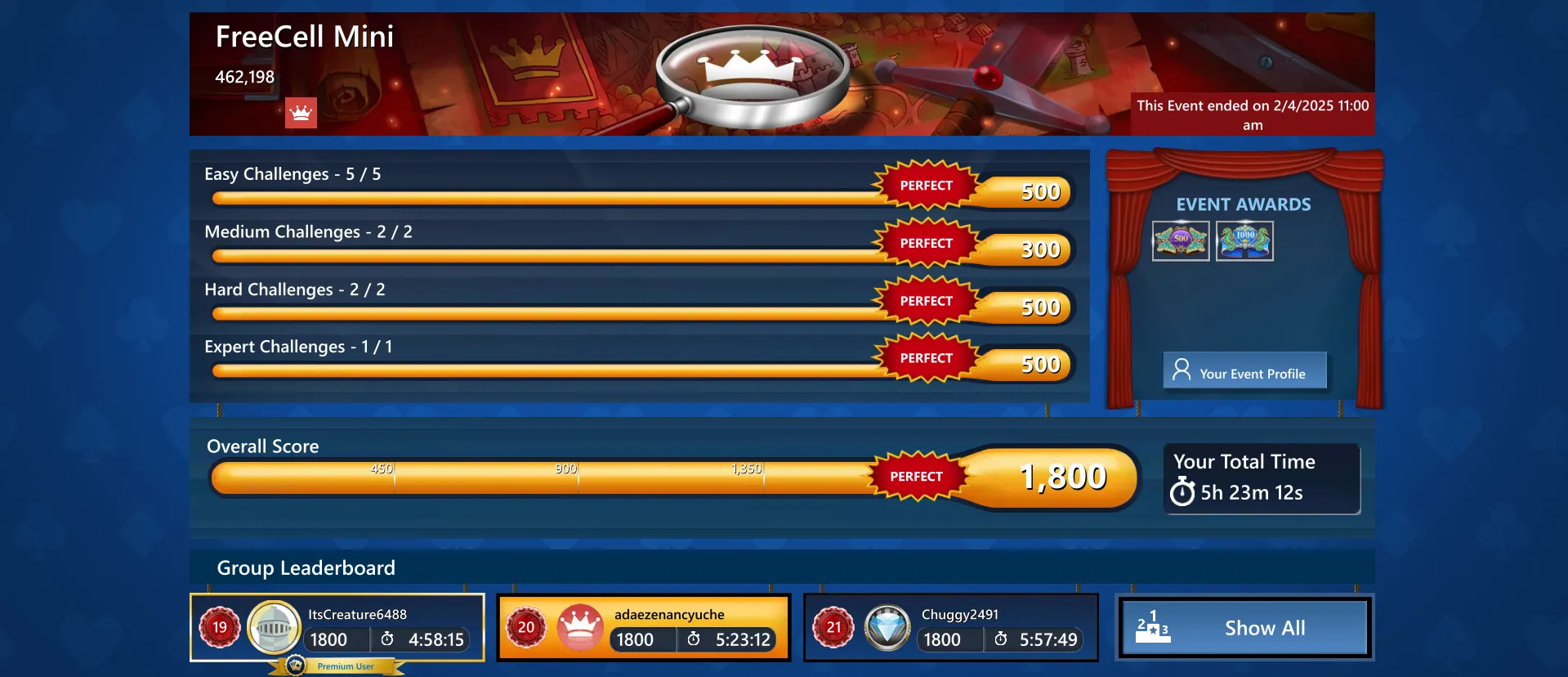Kết quả sự kiện hàng ngày trong Microsoft Solitaire trên máy tính