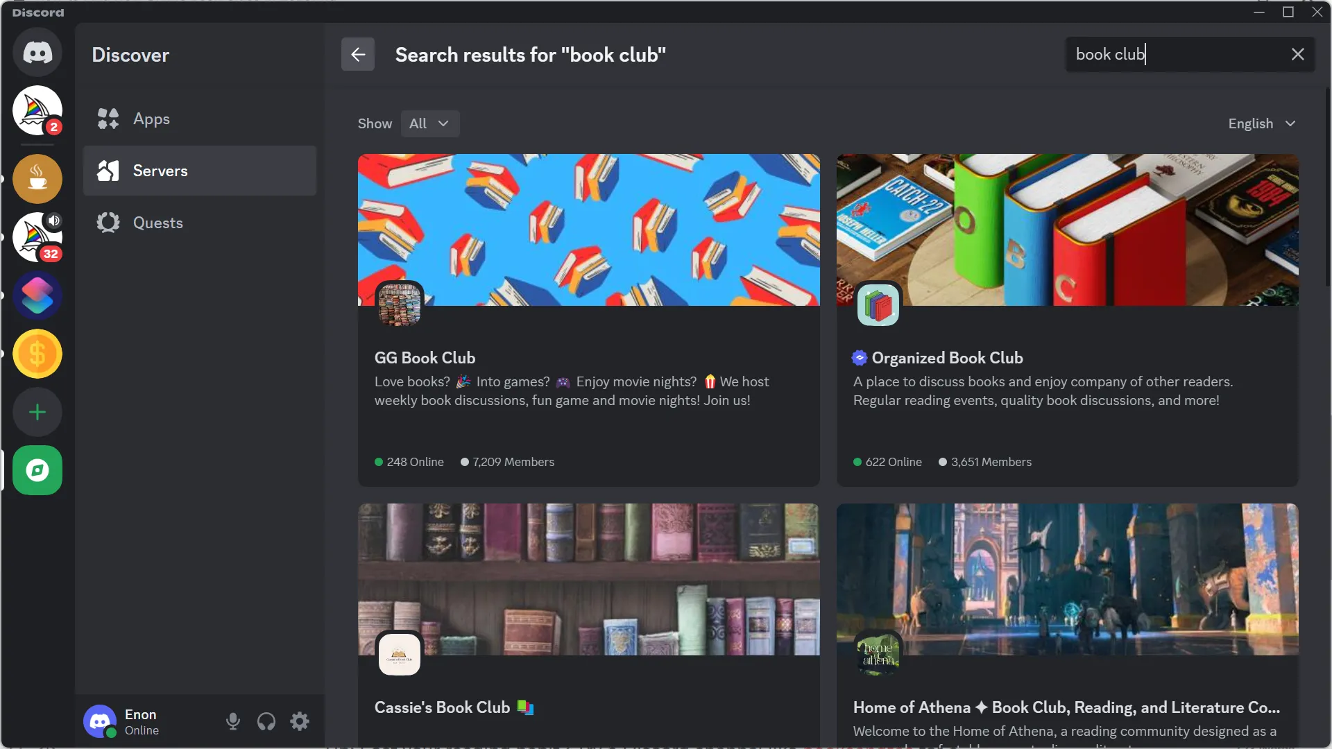 Kết quả tìm kiếm 'book club' trên Discord, minh họa cách tìm các máy chủ cộng đồng sách trực tuyến.