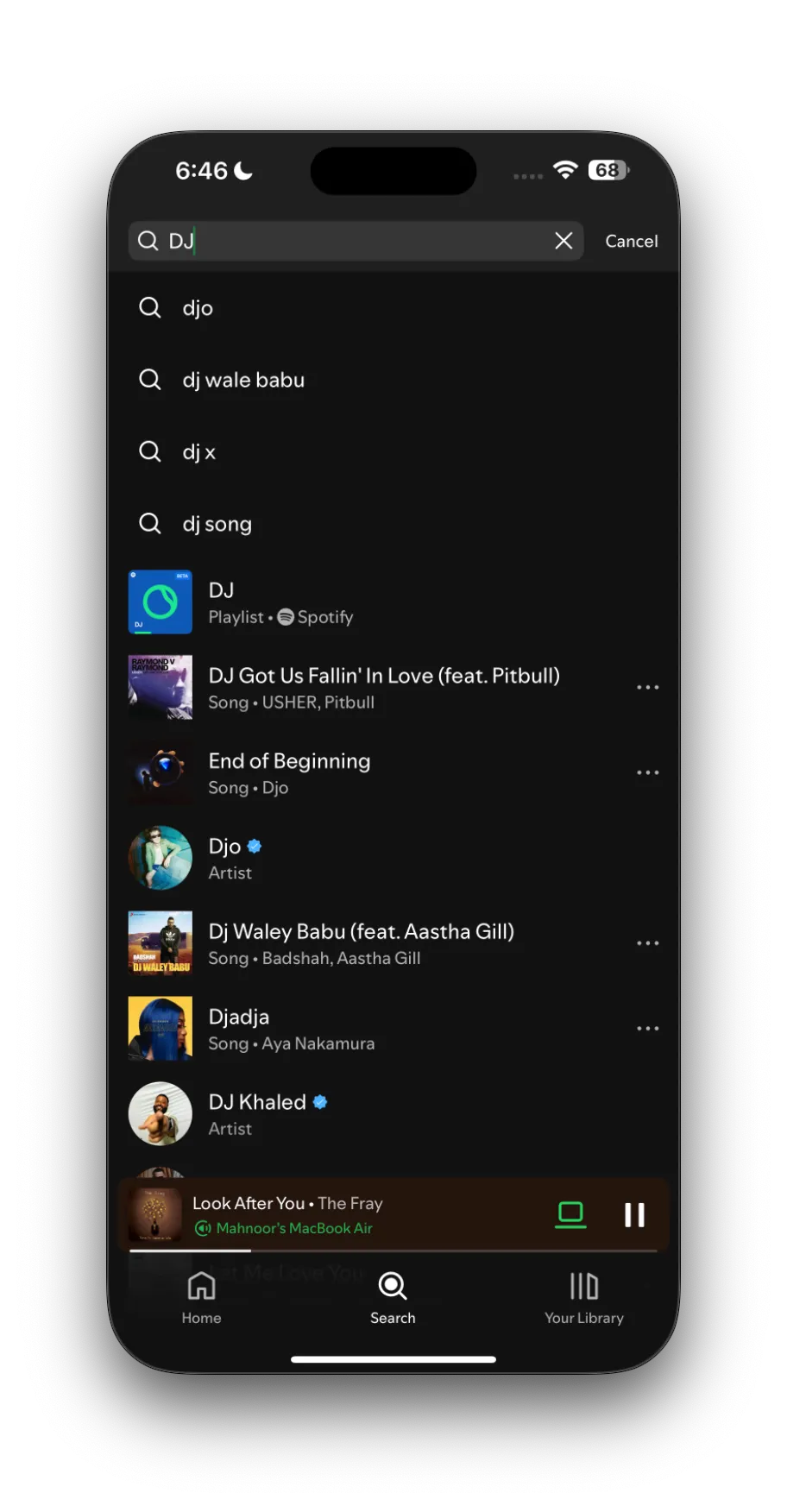 Kết quả tìm kiếm 'DJ' trong ứng dụng Spotify, dẫn đến playlist DJ AI.