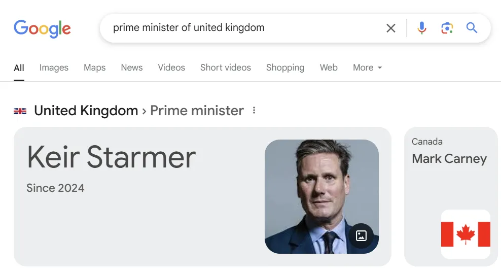 Kết quả tìm kiếm Google hiển thị Featured Snippet cho truy vấn &quot;Thủ tướng Vương quốc Anh&quot;