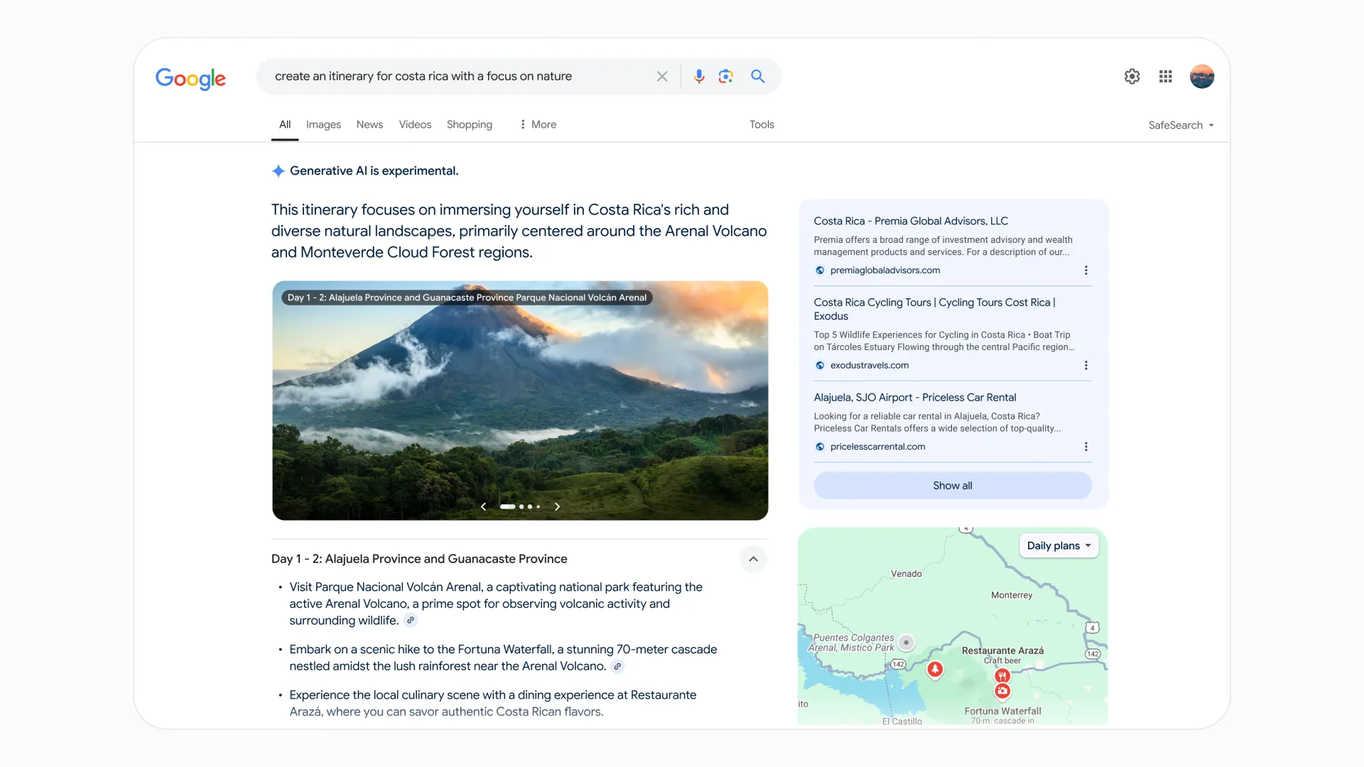 Kết quả tìm kiếm Google với AI Overviews tạo ra một lịch trình du lịch chi tiết cho thành phố New York, bao gồm gợi ý địa điểm tham quan và ăn uống theo từng ngày.