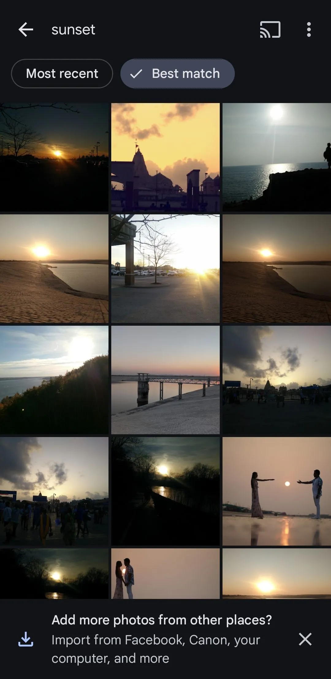 Kết quả tìm kiếm hình ảnh theo từ khóa &quot;Sunset&quot; (hoàng hôn) trong ứng dụng Google Photos