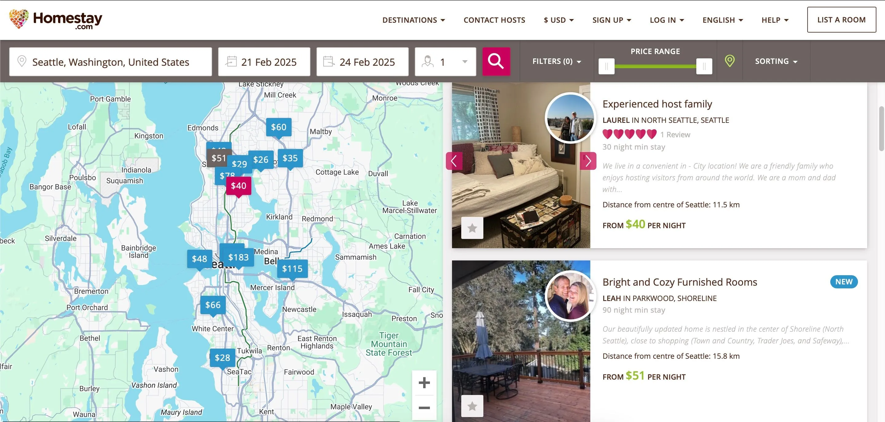 Kết quả tìm kiếm Homestay tại Seattle với các lựa chọn chỗ ở đa dạng