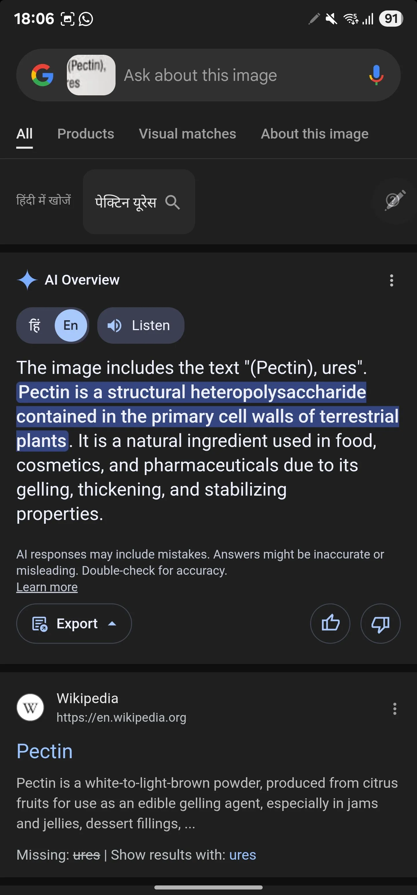 Kết quả tìm kiếm thông tin dinh dưỡng thành phần thực phẩm qua Google AI Overviews từ Circle to Search.