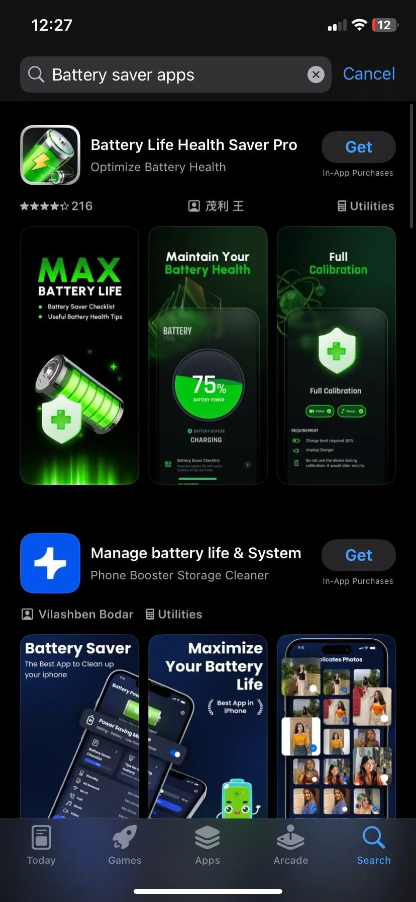Kết quả tìm kiếm trên App Store cho các ứng dụng tiết kiệm pin iPhone, thường không hiệu quả.