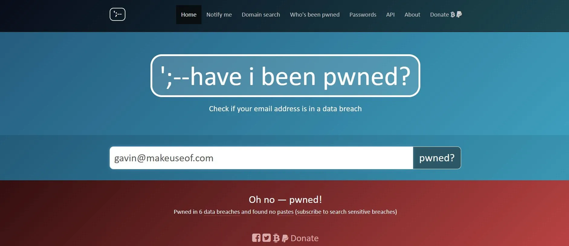 Kết quả tìm kiếm trên Have I Been Pwned hiển thị tài khoản bị rò rỉ dữ liệu.