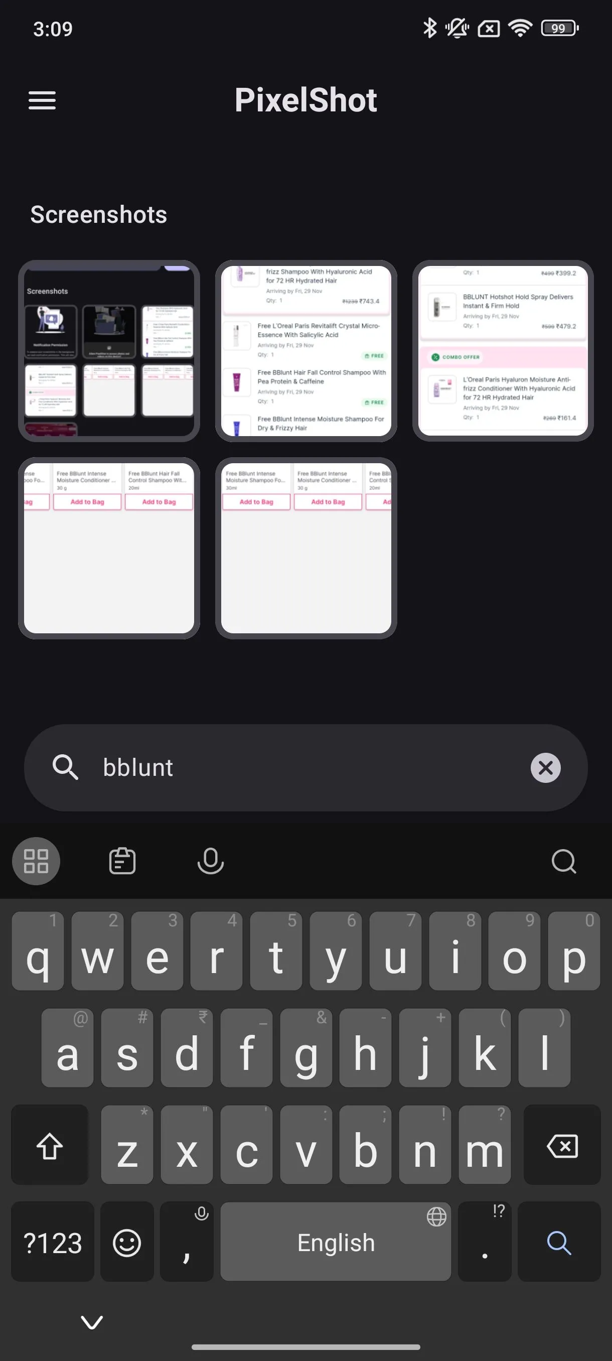 Kết quả tìm kiếm trong PixelShot cho từ khóa 'Bblunt' hiển thị các ảnh chụp màn hình có liên quan