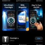 Kết quả tìm kiếm ứng dụng đèn pin trên App Store hiển thị nhiều ứng dụng không cần thiết cho iPhone.