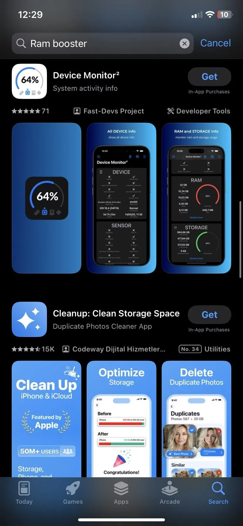 Kết quả tìm kiếm ứng dụng tăng tốc RAM trên App Store, các ứng dụng này thường không có tác dụng trên iOS.