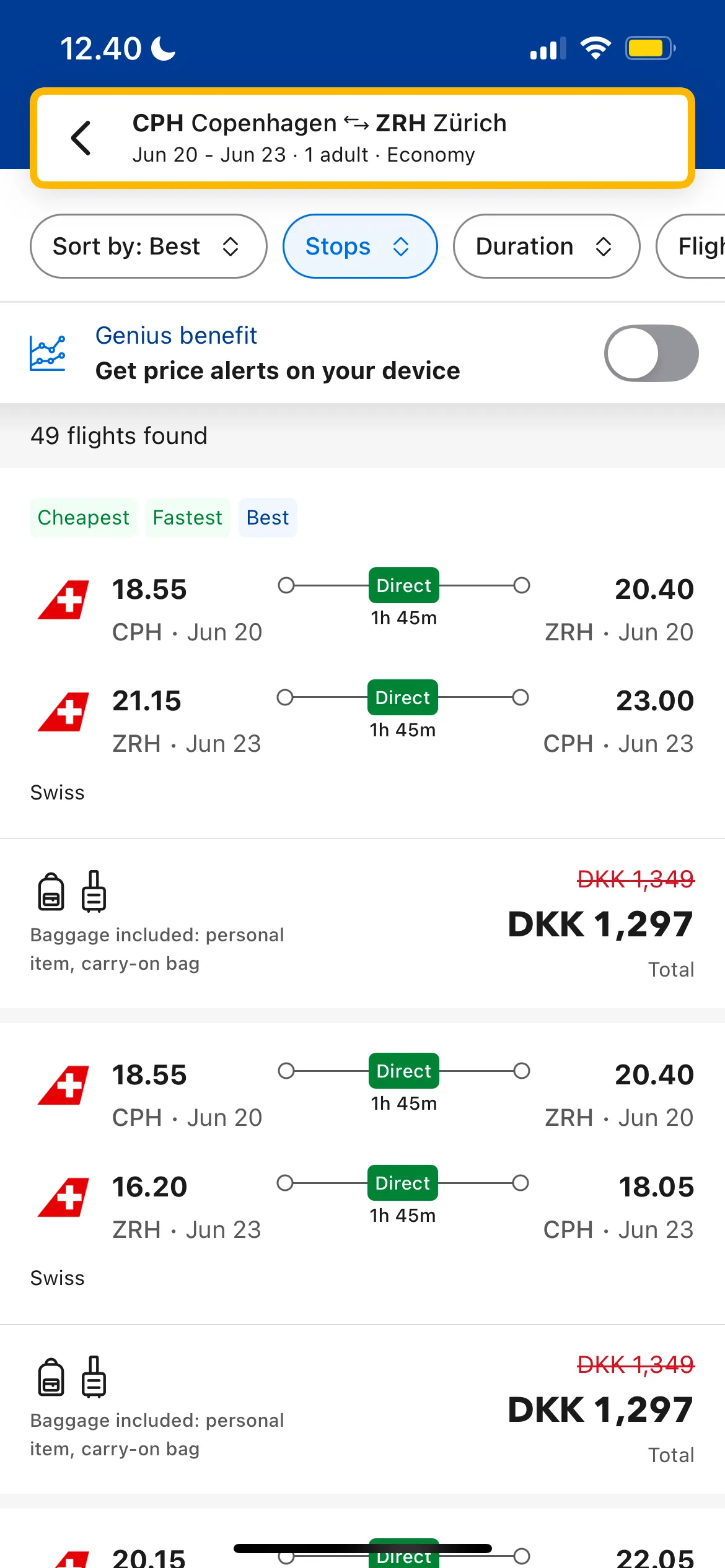 Kết quả tìm kiếm và các tùy chọn chuyến bay đa dạng trên ứng dụng Booking.com