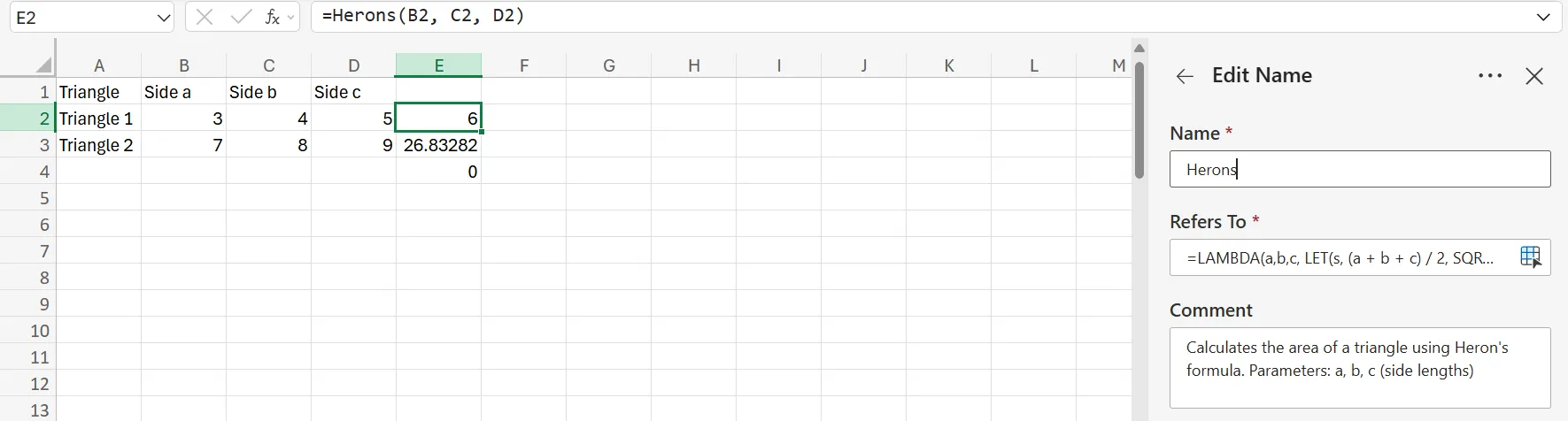 Kết quả tính toán diện tích tam giác bằng hàm LAMBDA kết hợp LET sử dụng công thức Heron trong Excel