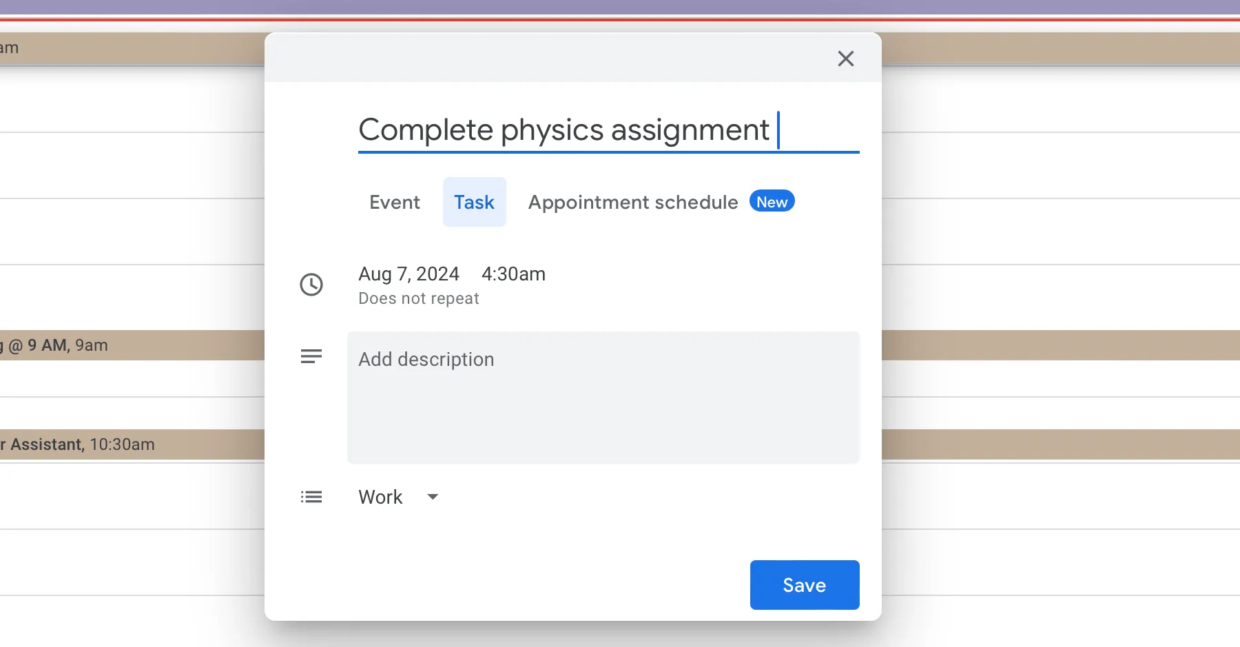 Khả năng thêm công việc trực tiếp vào Google Tasks từ Google Calendar, minh họa tính năng tích hợp.