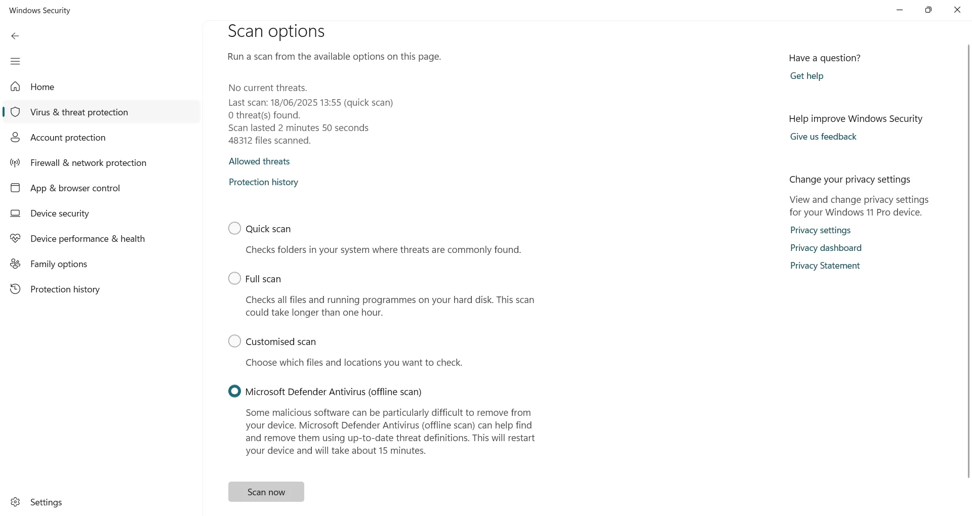 Khởi chạy tính năng quét ngoại tuyến của Microsoft Defender Antivirus