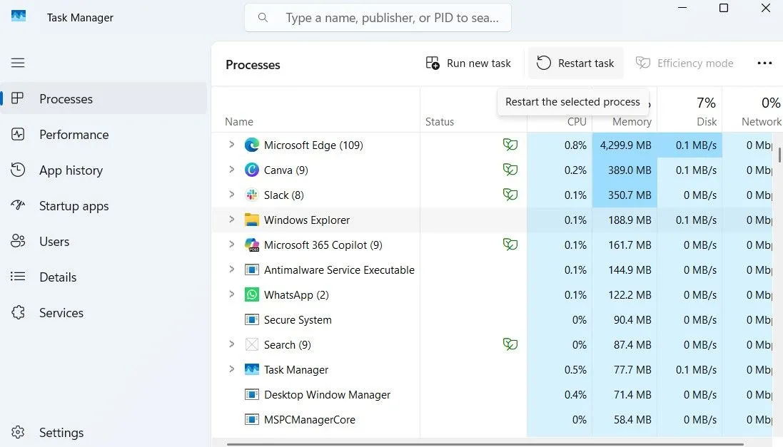 Khởi động lại Windows Explorer trong Trình quản lý Tác vụ để khắc phục Start Menu bị mất