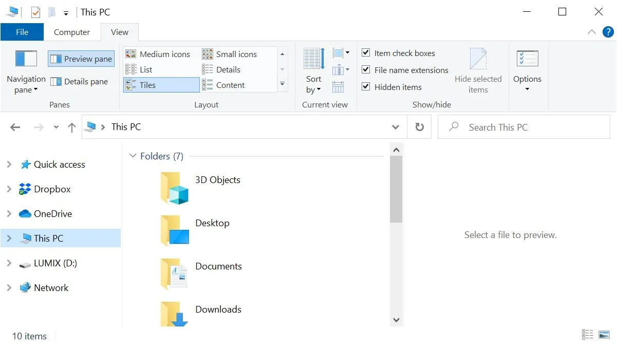 Khung xem trước (Preview pane) đang mở ở bên phải trong giao diện File Explorer Windows 10.