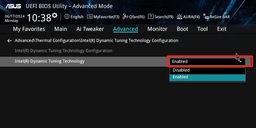Kích hoạt công nghệ Intel Dynamic Tuning Technology (DTT) trong giao diện BIOS của bo mạch chủ ASUS