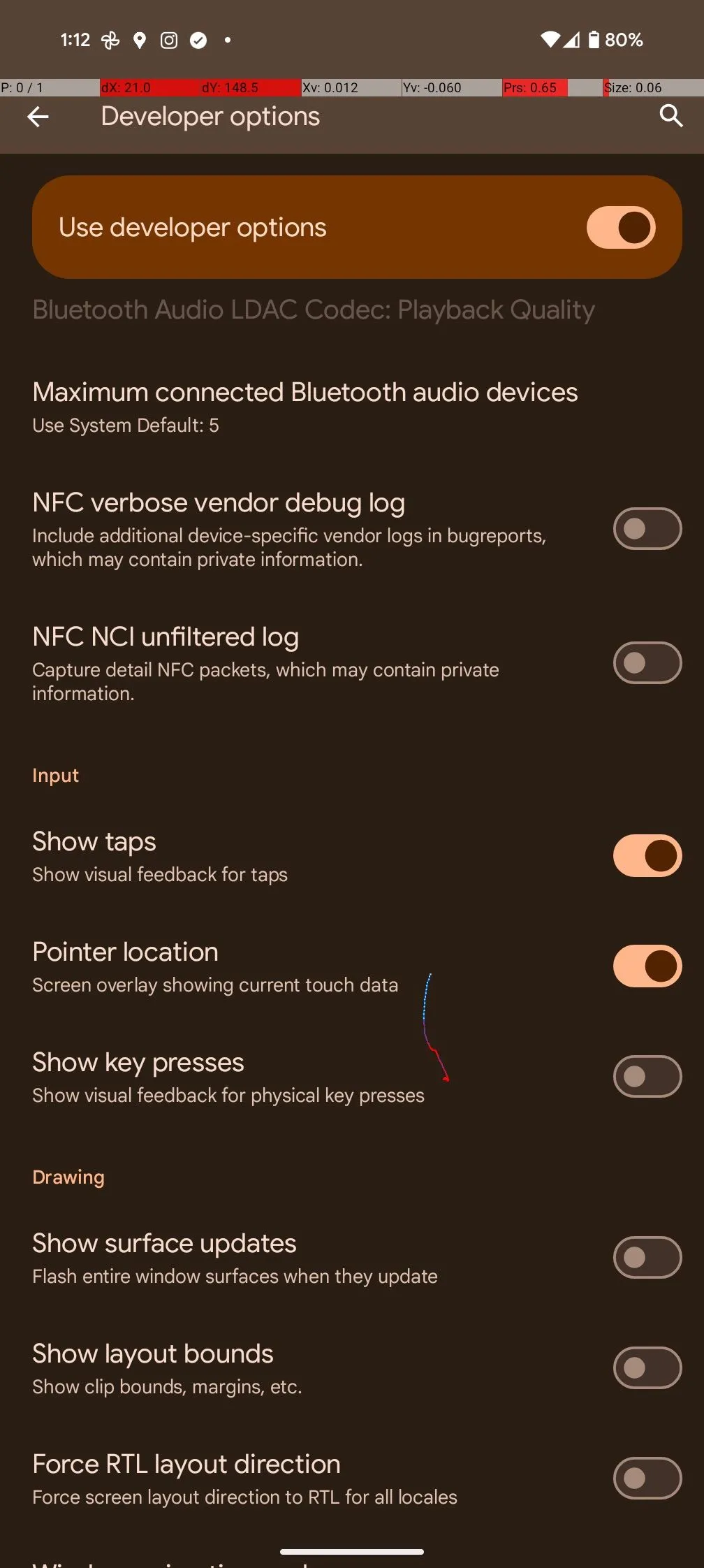Kích hoạt tùy chọn Hiển thị thao tác chạm và Vị trí con trỏ trong Tùy chọn nhà phát triển trên Android