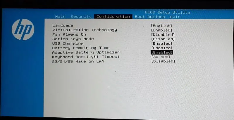 Kích hoạt tùy chọn Tối ưu hóa pin thích ứng (Adaptive Battery Optimizer) trên laptop HP thông qua giao diện BIOS