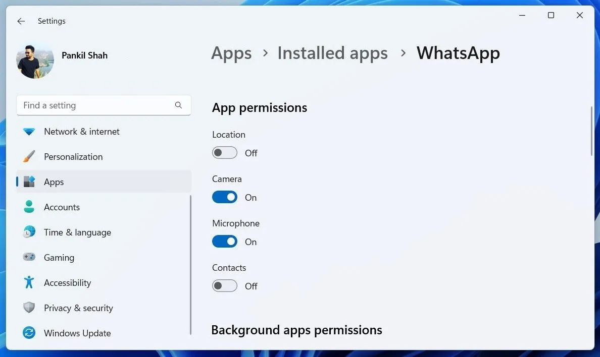 Kiểm soát quyền ứng dụng WhatsApp trên Windows 11 qua cài đặt nâng cao
