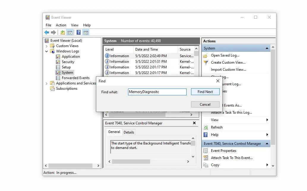 Kiểm tra kết quả của công cụ Chẩn đoán Bộ nhớ Windows (Memory Diagnostic) trong Event Viewer