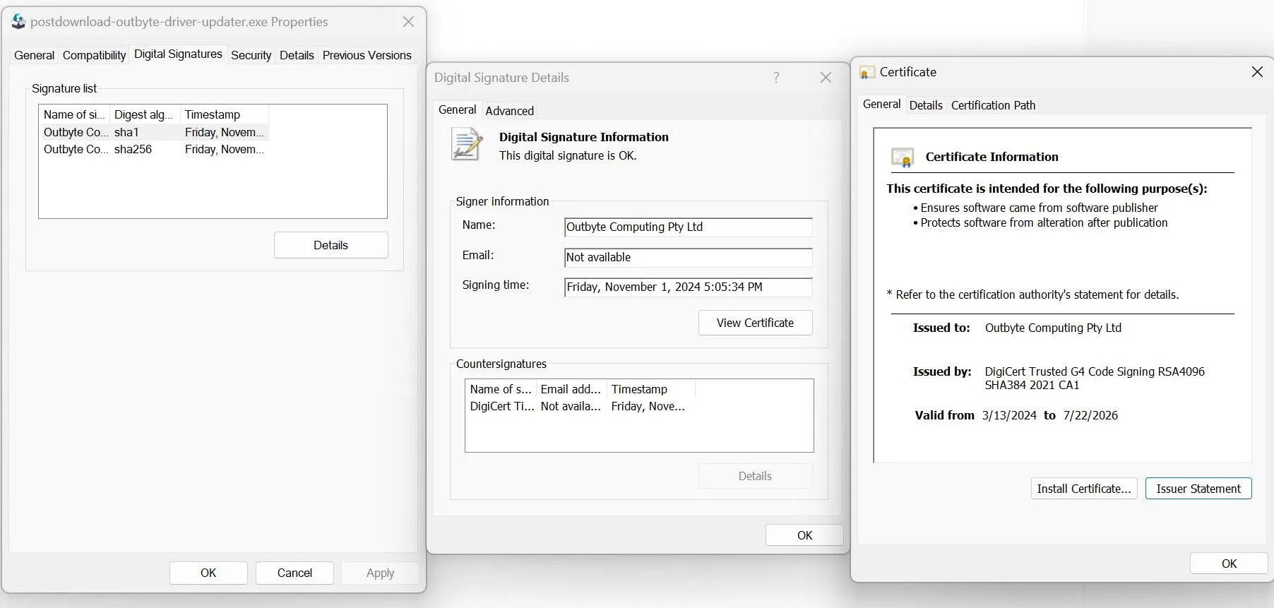 Kiểm tra tab Chữ ký số (Digital Signatures) trong thuộc tính file EXE trên Windows.