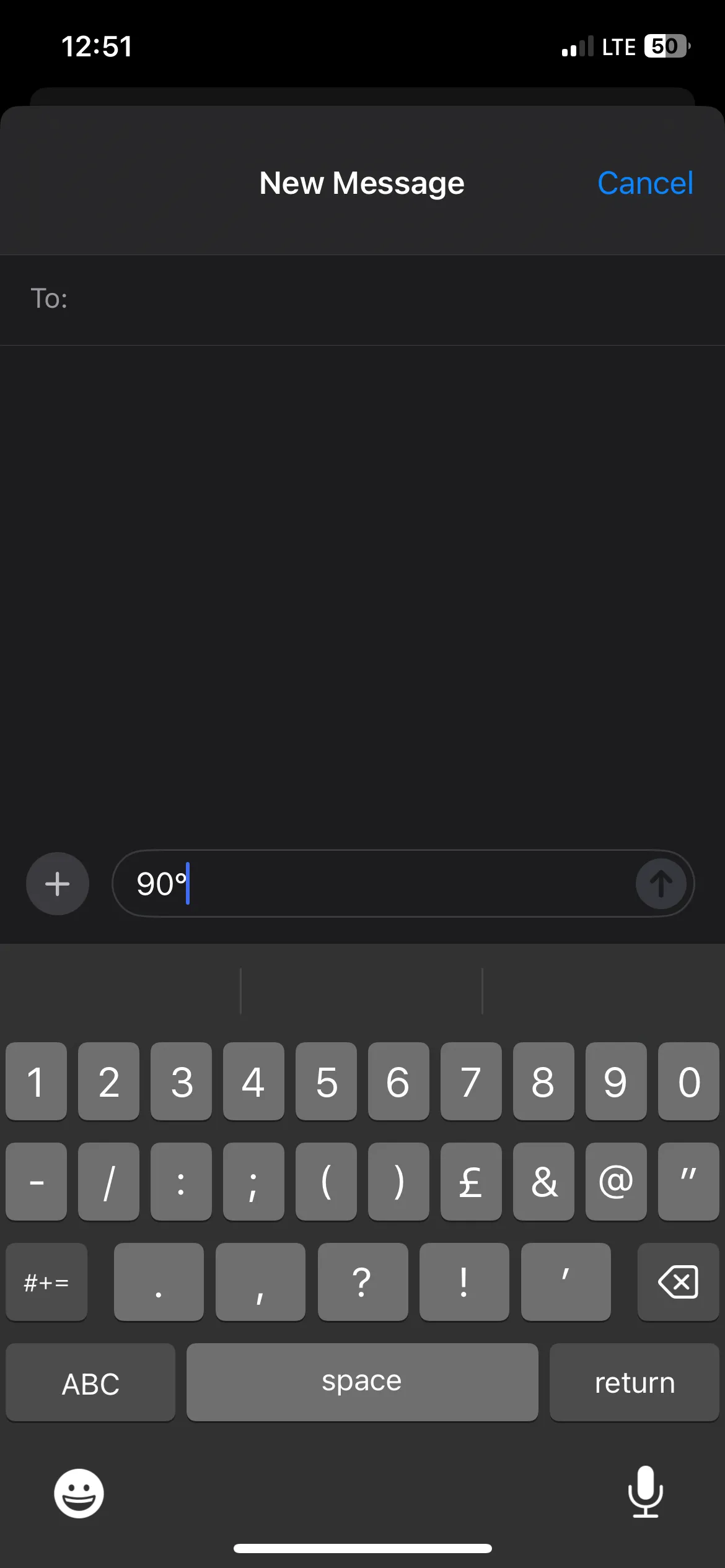 Ký hiệu độ 90° được chèn thành công vào ứng dụng Tin nhắn trên iPhone