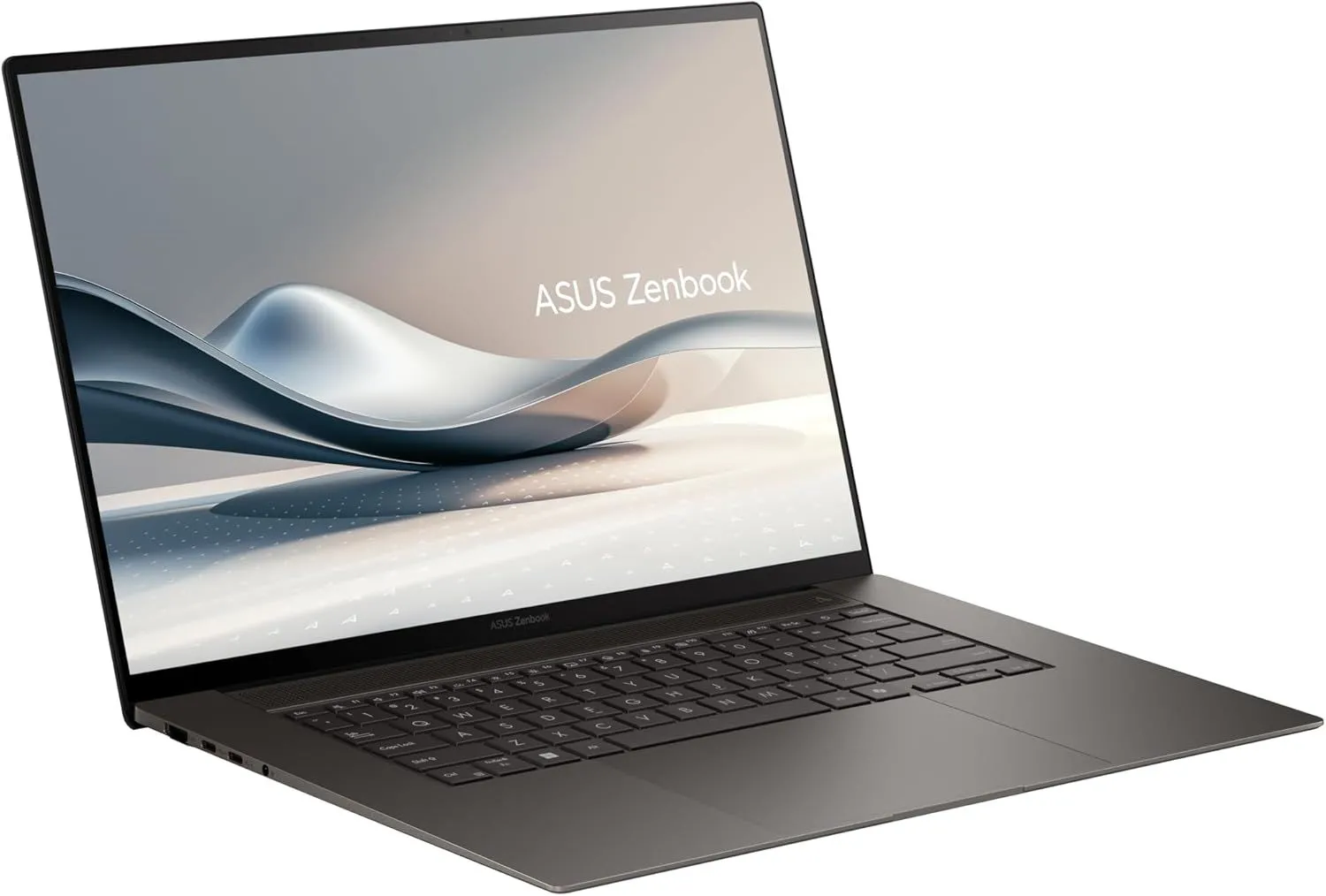 Laptop ASUS Zenbook S 16 OLED màu trắng trên nền gỗ và đá