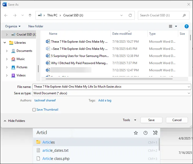 Listary tích hợp tìm kiếm nhanh trực tiếp vào hộp thoại Save As của Microsoft Word, giúp người dùng dễ dàng lưu file vào thư mục mong muốn.