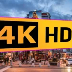Logo 4K HDR trên màn hình hiển thị cảnh đêm đường phố được tối ưu HDR