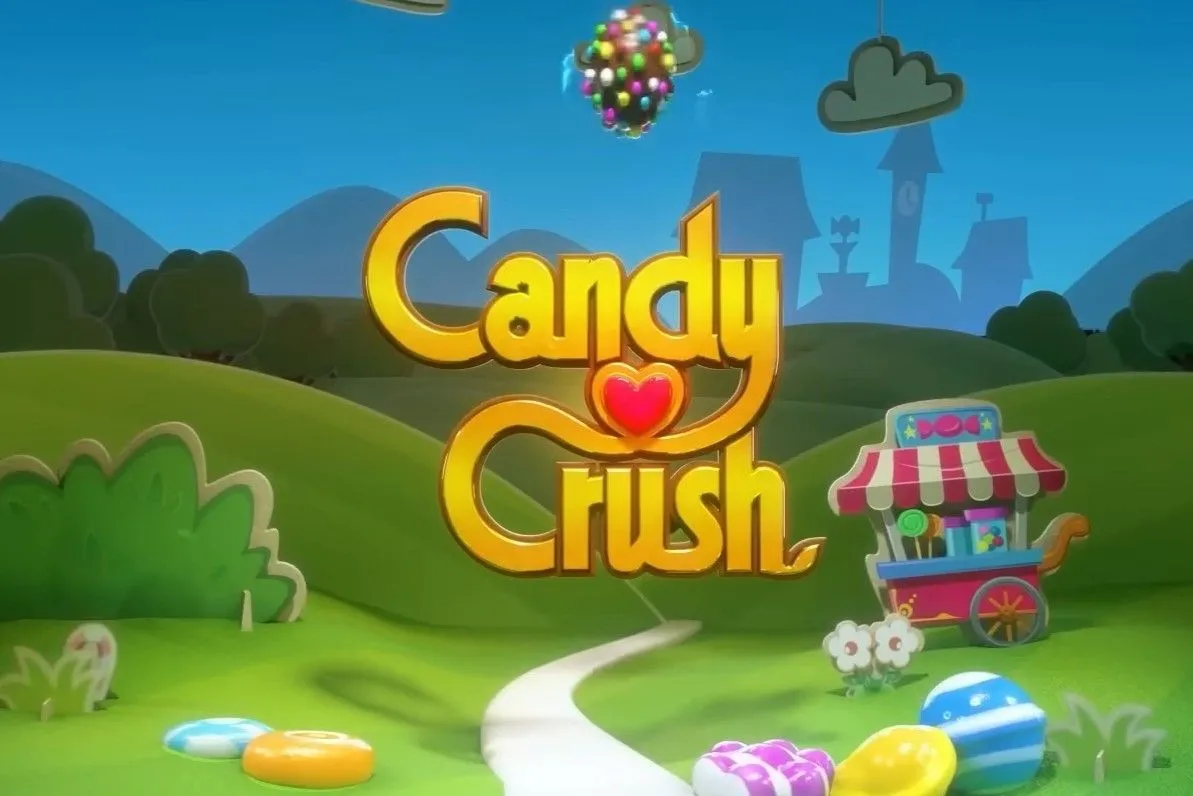 Logo Candy Crush Saga trên nền xanh lá vui nhộn