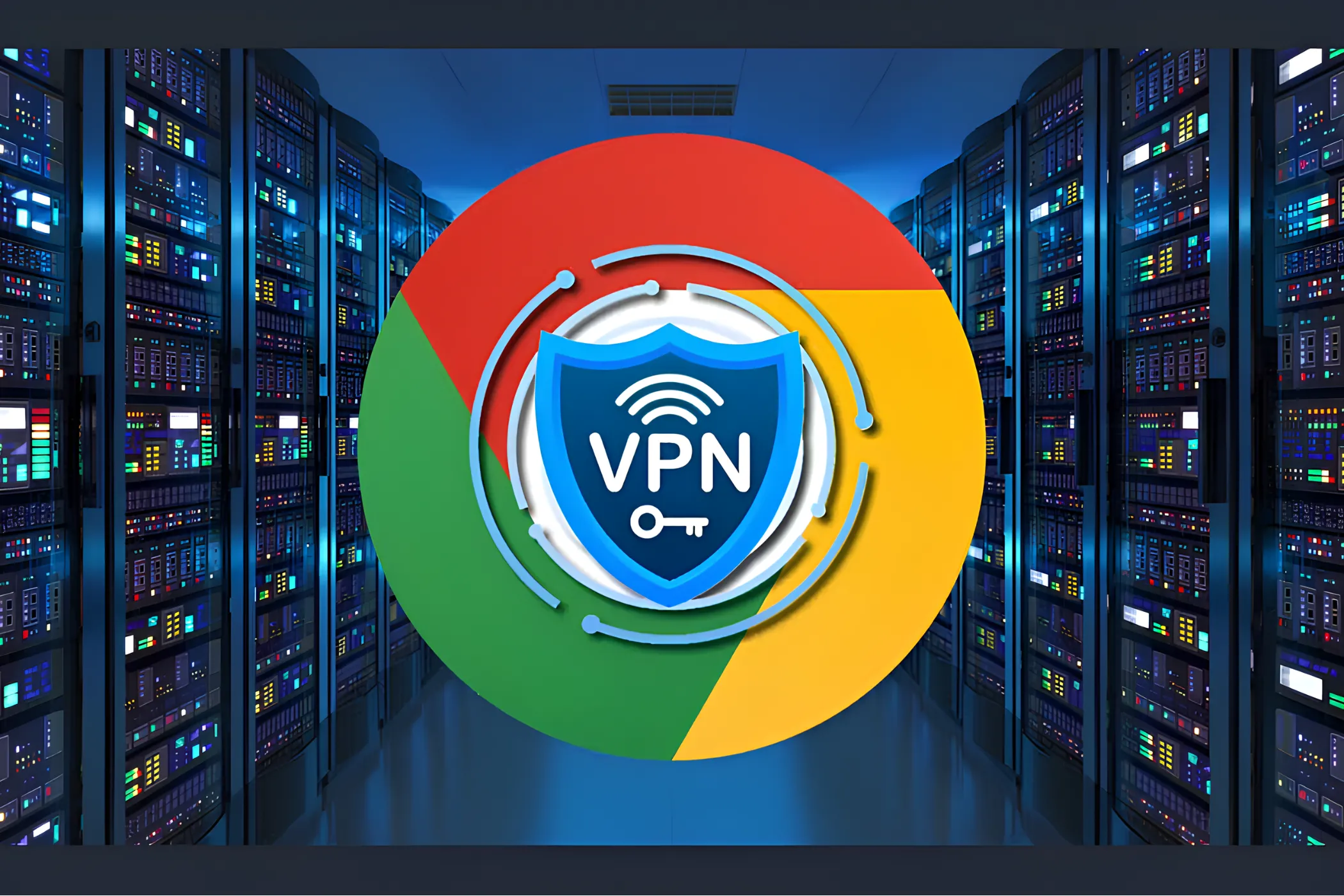 Logo Google Chrome với biểu tượng VPN, minh họa kết nối bảo mật qua máy chủ trong phòng máy chủ, giúp duyệt web ẩn danh