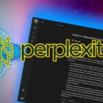Logo Perplexity nổi bật trên nền giao diện ứng dụng Perplexity Assistant đầy màu sắc