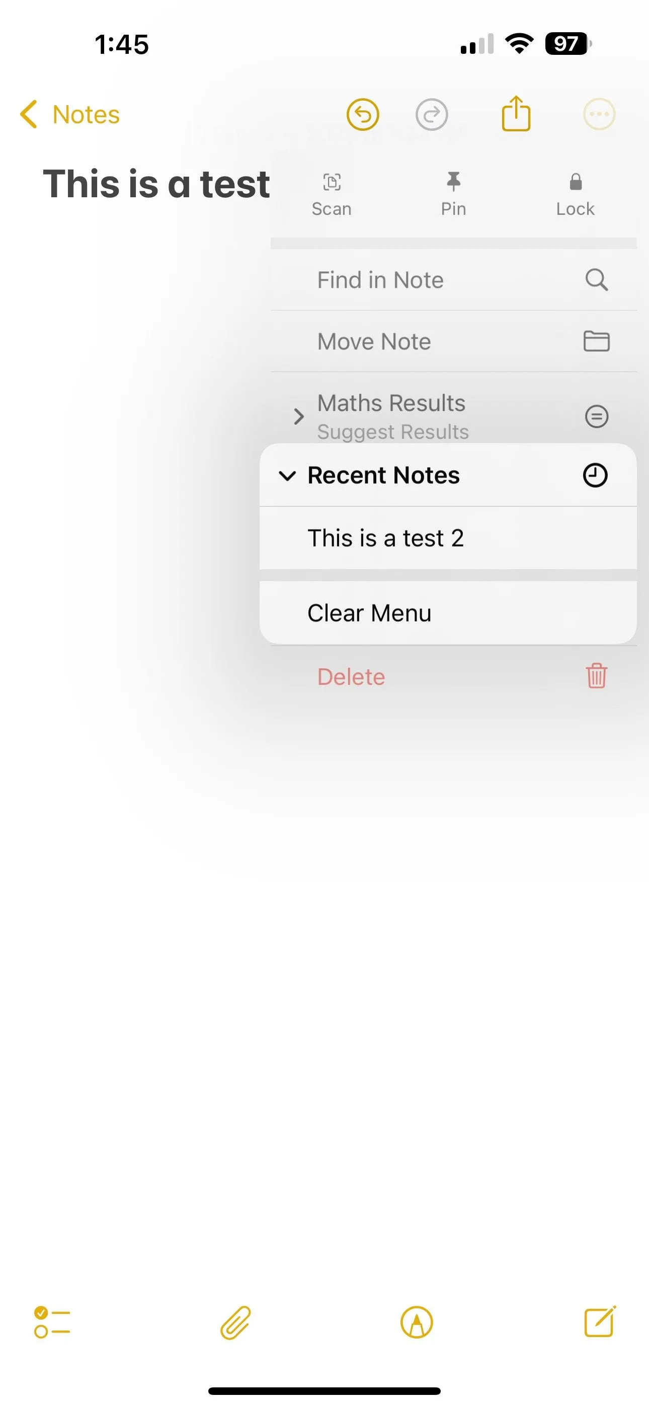 Lựa chọn &quot;Xóa Menu&quot; để xóa danh sách Ghi chú gần đây trên iPhone iOS 18
