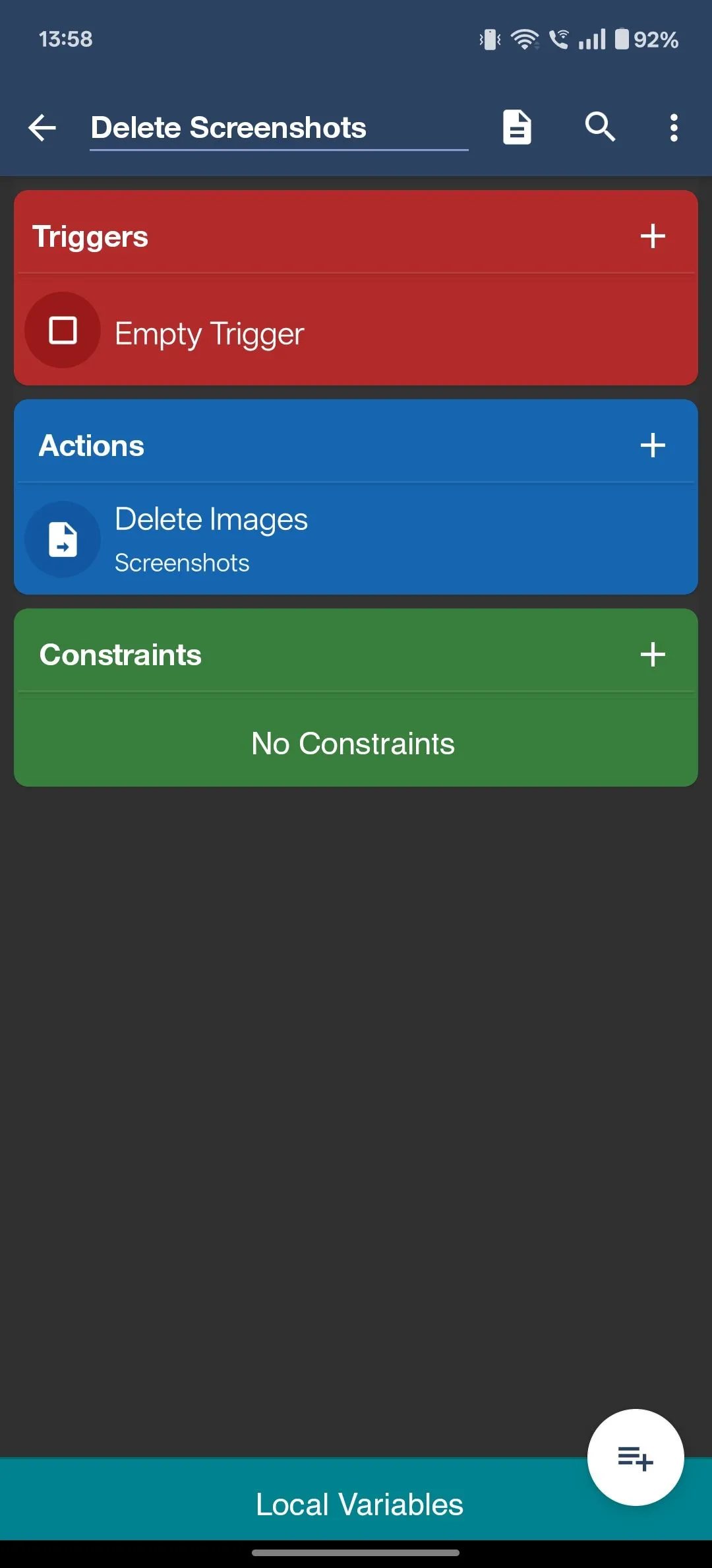 Macro MacroDroid đã được cấu hình với hành động &quot;Delete Images&quot; để xóa ảnh.