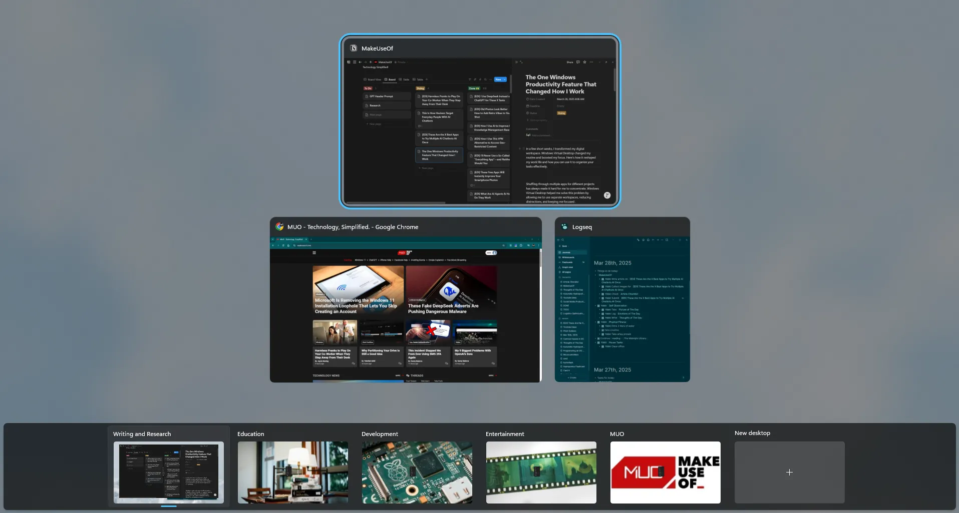 Màn hình ảo Windows hiển thị nhiều không gian làm việc được tùy chỉnh cho các tác vụ khác nhau