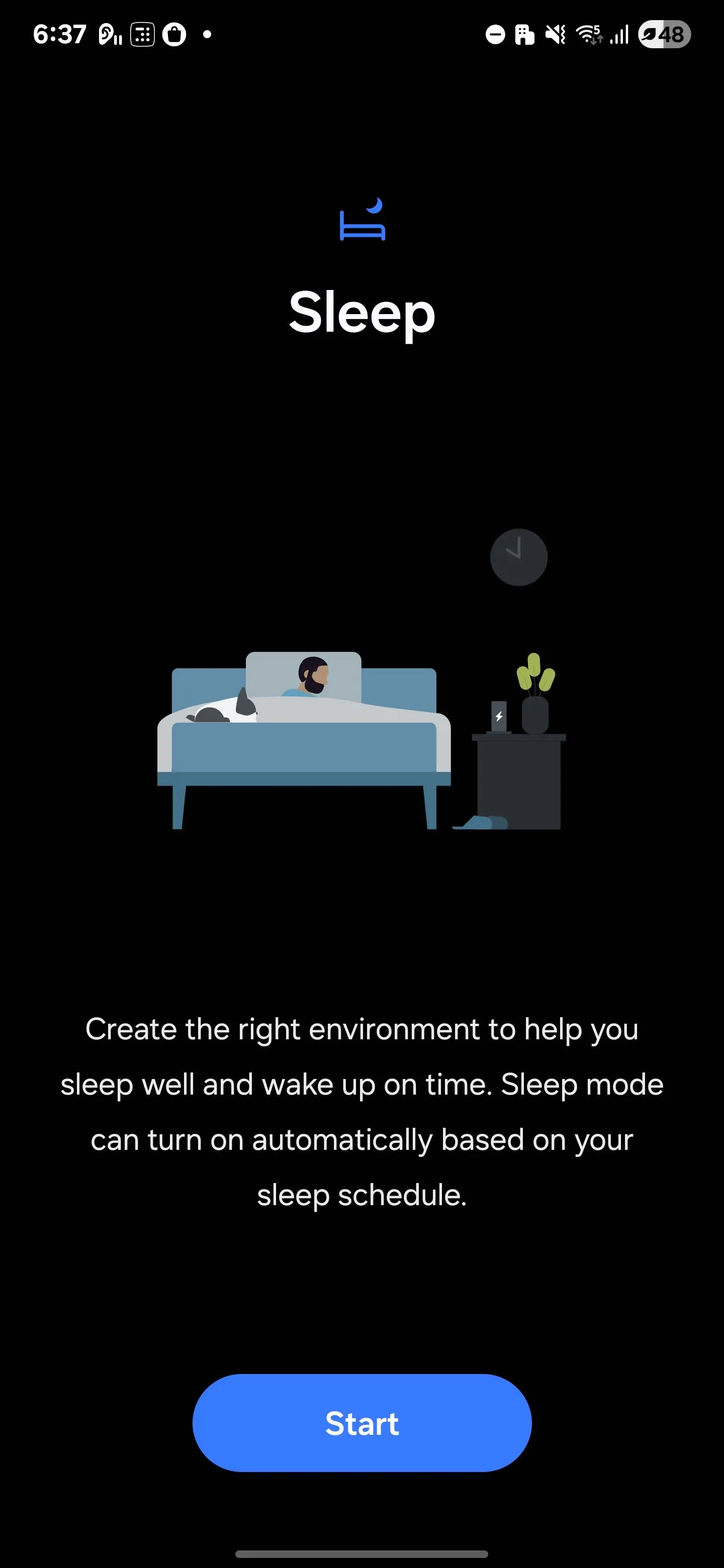 Màn hình bật Chế độ Giờ đi ngủ (Bedtime Mode) trên điện thoại Samsung để giảm xao nhãng trước khi ngủ.
